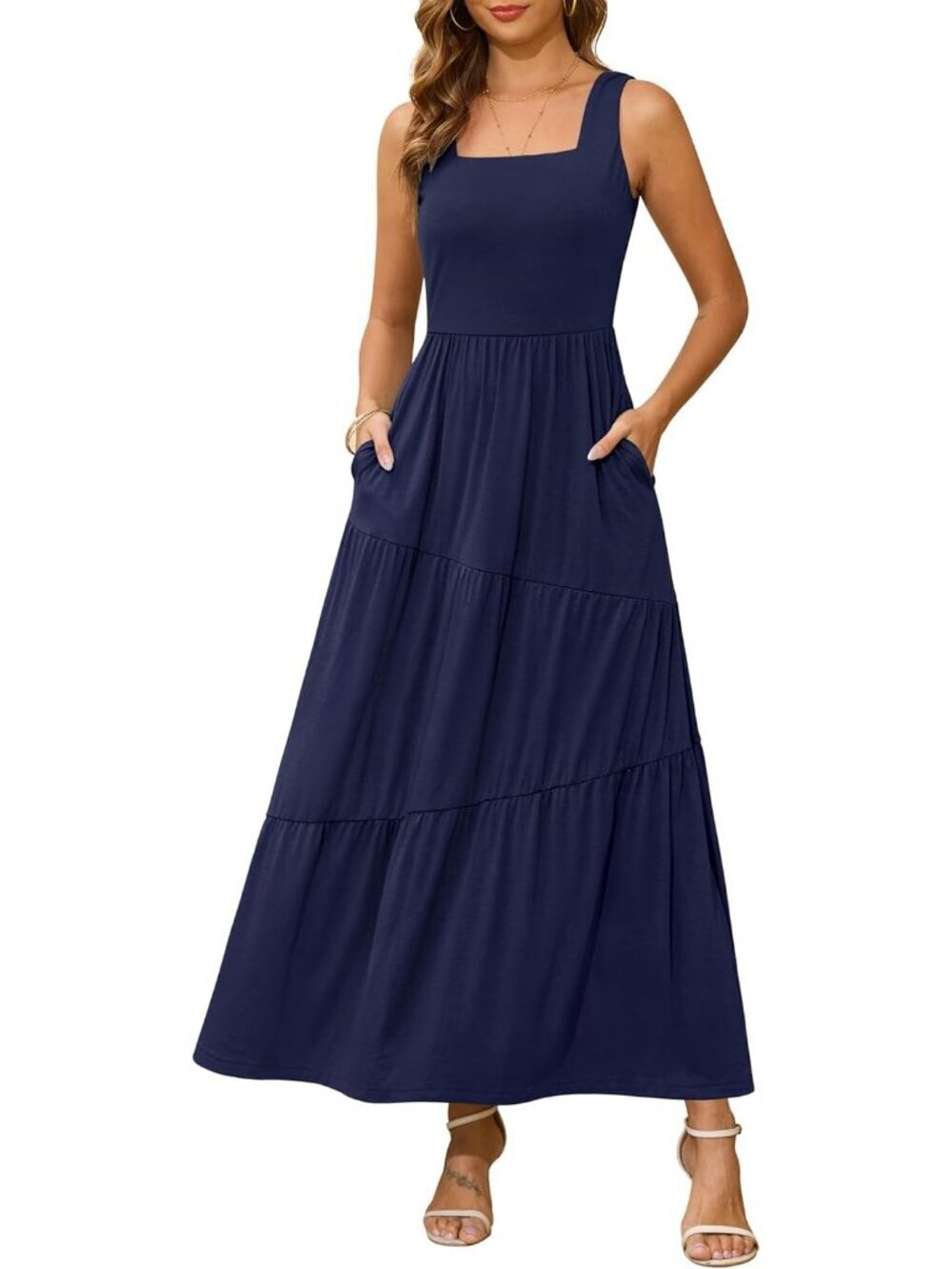 Women's Navy Blue Sleeveless  beach Sundress Square Neck Tank Tiered Maxi Dress